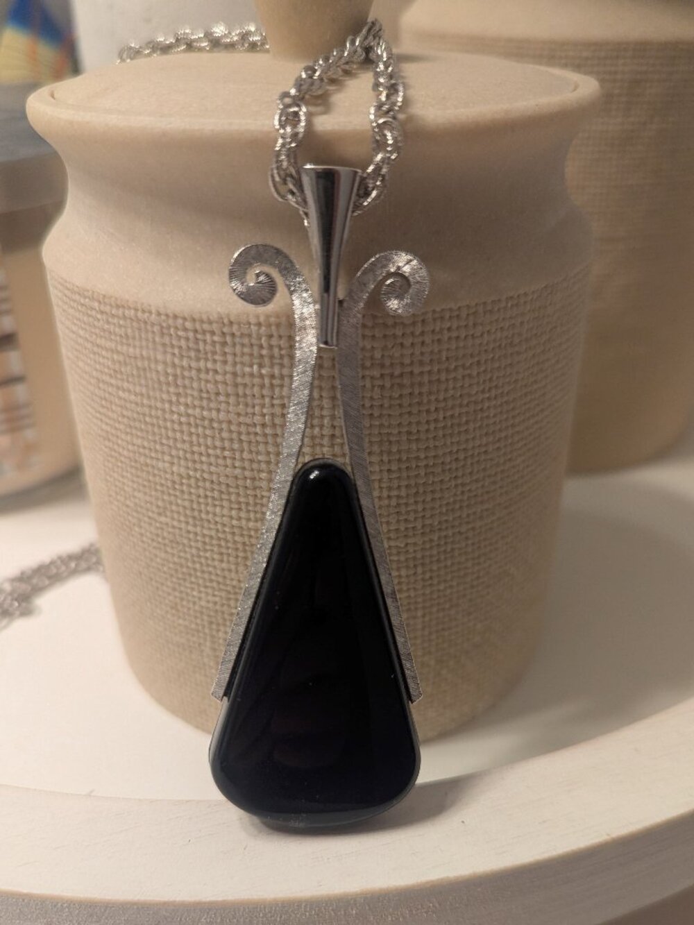 Vintage Avon Silver Tone Necklace with Black Enamel Statement Pendant